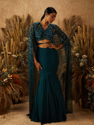 Shloka Khialani-Dark Green Tazarina Embellished Skirt With Blouse And Cape-INDIASPOPUP.COM