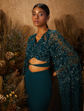 Shloka Khialani-Dark Green Tazarina Embellished Skirt With Blouse And Cape-INDIASPOPUP.COM