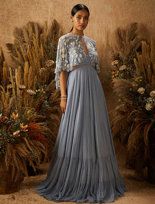 Shloka Khialani-Dusty Blue Bea Tiered Gown With Cape-INDIASPOPUP.COM