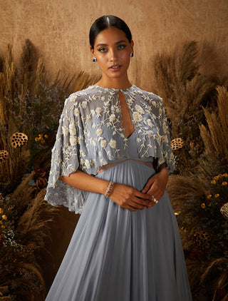 Shloka Khialani-Dusty Blue Bea Tiered Gown With Cape-INDIASPOPUP.COM