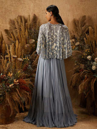 Shloka Khialani-Dusty Blue Bea Tiered Gown With Cape-INDIASPOPUP.COM