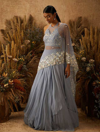 Shloka Khialani-Dusty Blue Ferra Layered Lehenga Set-INDIASPOPUP.COM