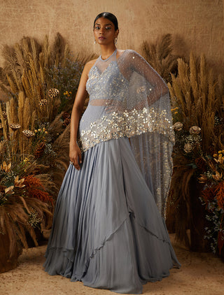 Shloka Khialani-Dusty Blue Ferra Layered Lehenga Set-INDIASPOPUP.COM