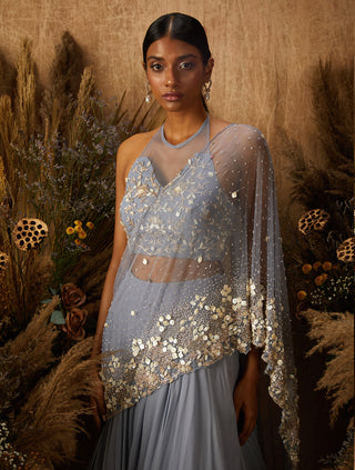 Shloka Khialani-Dusty Blue Ferra Layered Lehenga Set-INDIASPOPUP.COM