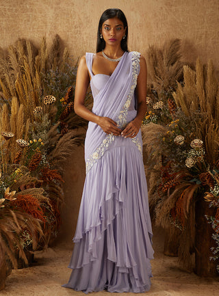 Shloka Khialani-Pastel Purple Ariese Draped Saree Set-INDIASPOPUP.COM