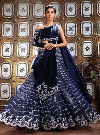 Archana Kochhar-Midnight Blue Velvet Saree Lehenga Set-INDIASPOPUP.COM