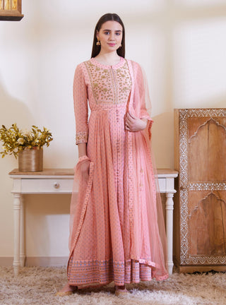 Shyam Narayan Prasad-Peach Embroidered Anarkali Set-INDIASPOPUP.COM