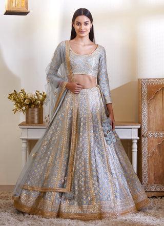 Shyam Narayan Prasad-Smoke Blue Lehenga Set-INDIASPOPUP.COM