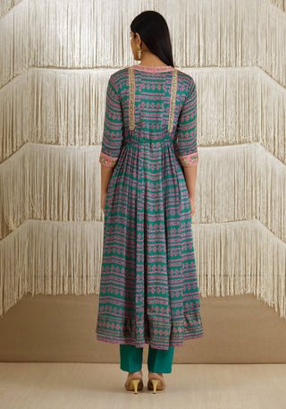 Shyam Narayan Prasad-Teal Zardozi Embroidered Anarkali Set-INDIASPOPUP.COM