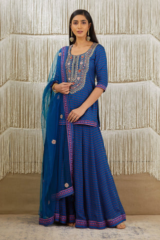 Shyam Narayan Prasad-Teal Blue Embroidered Sharara Set-INDIASPOPUP.COM