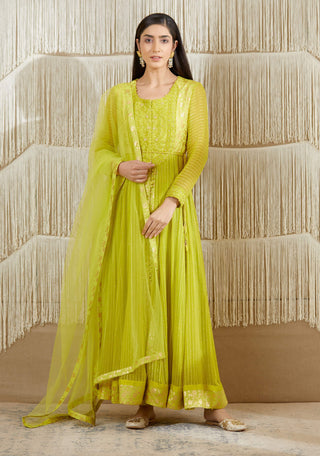Shyam Narayan Prasad-Bright Green Embroidered Anarkali Set-INDIASPOPUP.COM