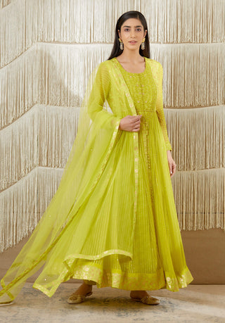 Shyam Narayan Prasad-Bright Green Embroidered Anarkali Set-INDIASPOPUP.COM