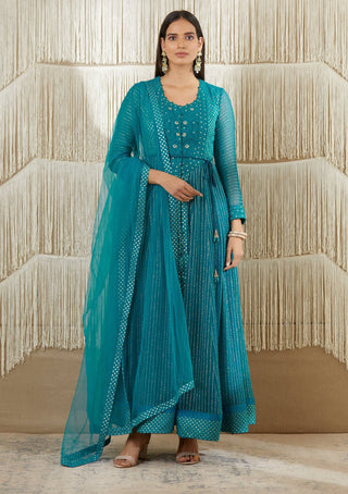 Shyam Narayan Prasad-Teal Embroidered Anarkali Set-INDIASPOPUP.COM