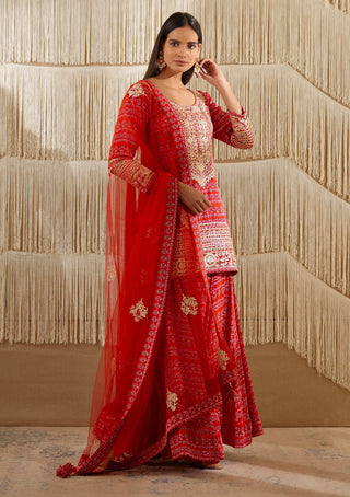 Shyam Narayan Prasad-Red Embroidered Sharara Set-INDIASPOPUP.COM