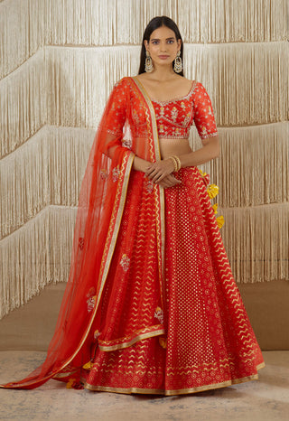 Shyam Narayan Prasad-Red Zardozi Embroidered Lehenga Set-INDIASPOPUP.COM