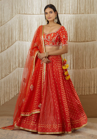 Shyam Narayan Prasad-Red Zardozi Embroidered Lehenga Set-INDIASPOPUP.COM