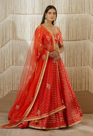 Shyam Narayan Prasad-Red Zardozi Embroidered Lehenga Set-INDIASPOPUP.COM