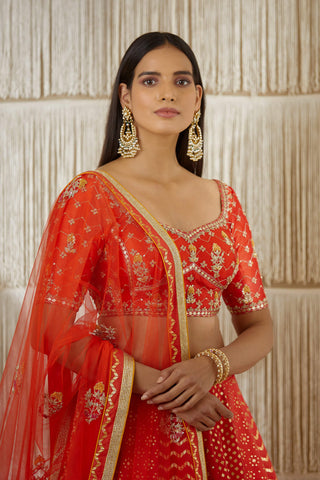 Shyam Narayan Prasad-Red Zardozi Embroidered Lehenga Set-INDIASPOPUP.COM