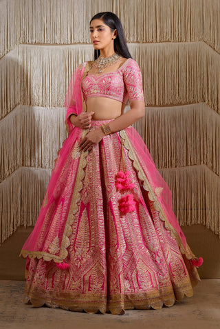 Shyam Narayan Prasad-Coral Pink Embroidered Lehenga Set-INDIASPOPUP.COM