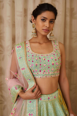Shyam Narayan Prasad-Green Gota Embroidered Lehenga With Sleeveless Blouse-INDIASPOPUP.COM