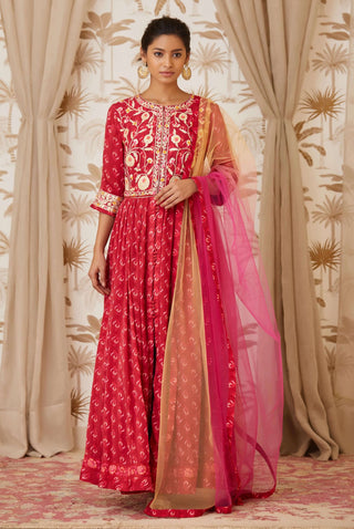 Shyam Narayan Prasad-Red Embroidered Anarkali Set-INDIASPOPUP.COM