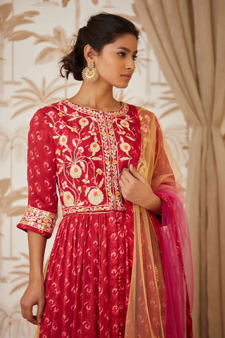 Shyam Narayan Prasad-Red Embroidered Anarkali Set-INDIASPOPUP.COM