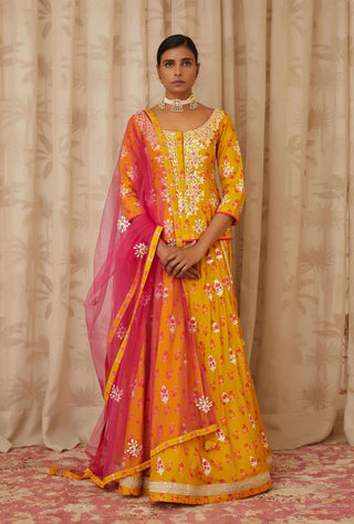 Shyam Narayan Prasad-Mustard Pink Embroidered Kurti Lehenga Set-INDIASPOPUP.COM