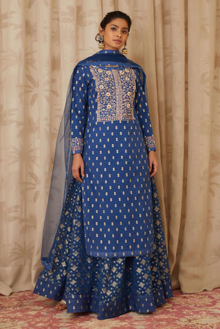 Shyam Narayan Prasad-Blue Brocade Kurta Skirt Set-INDIASPOPUP.COM