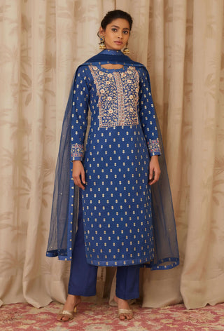 Shyam Narayan Prasad-Blue Brocade Kurta Set-INDIASPOPUP.COM
