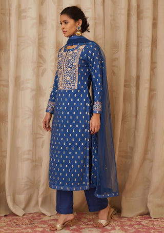 Shyam Narayan Prasad-Blue Brocade Kurta Set-INDIASPOPUP.COM