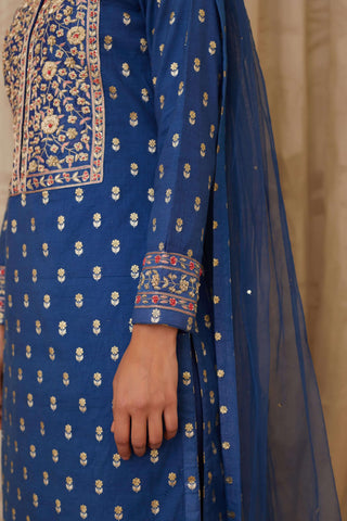 Shyam Narayan Prasad-Blue Brocade Kurta Set-INDIASPOPUP.COM