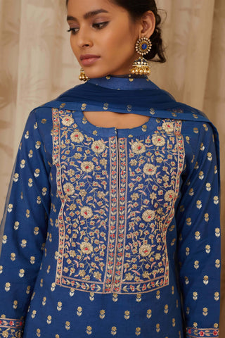 Shyam Narayan Prasad-Blue Brocade Kurta Set-INDIASPOPUP.COM