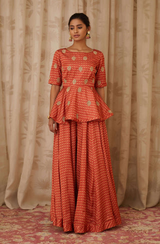 Shyam Narayan Prasad-Orange Embroidered Peplum Kurti Set-INDIASPOPUP.COM