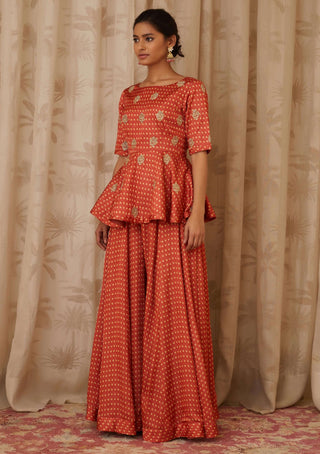 Shyam Narayan Prasad-Orange Embroidered Peplum Kurti Set-INDIASPOPUP.COM
