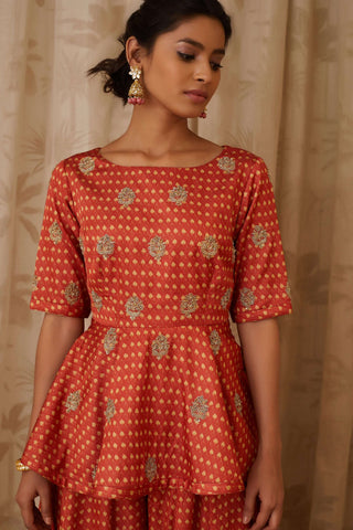 Shyam Narayan Prasad-Orange Embroidered Peplum Kurti Set-INDIASPOPUP.COM