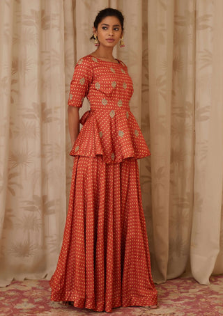 Shyam Narayan Prasad-Orange Embroidered Peplum Kurti Set-INDIASPOPUP.COM