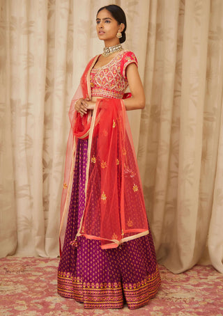 Shyam Narayan Prasad-Red Purple Embroidered Lehenga Set-INDIASPOPUP.COM