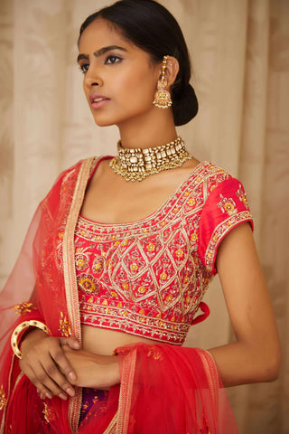 Shyam Narayan Prasad-Red Purple Embroidered Lehenga Set-INDIASPOPUP.COM