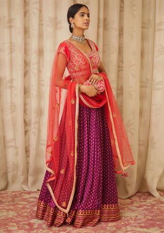 Shyam Narayan Prasad-Red Purple Embroidered Lehenga Set-INDIASPOPUP.COM