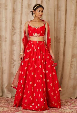 Shyam Narayan Prasad-Red Embroidered Lehenga Set-INDIASPOPUP.COM