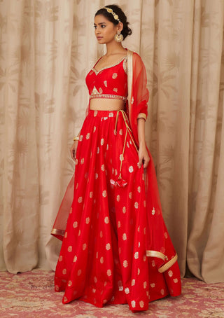 Shyam Narayan Prasad-Red Embroidered Lehenga Set-INDIASPOPUP.COM