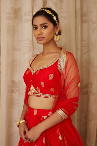 Shyam Narayan Prasad-Red Embroidered Lehenga Set-INDIASPOPUP.COM