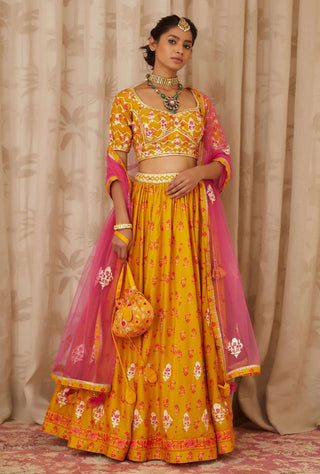 Shyam Narayan Prasad-Mustard Embroidered Lehenga Set-INDIASPOPUP.COM