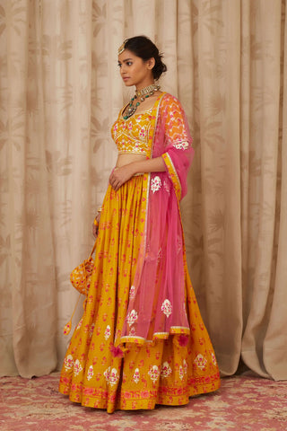 Shyam Narayan Prasad-Mustard Embroidered Lehenga Set-INDIASPOPUP.COM