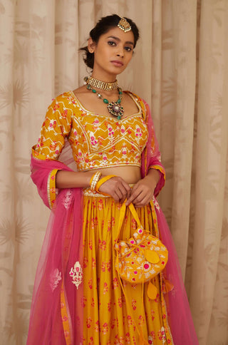 Shyam Narayan Prasad-Mustard Embroidered Lehenga Set-INDIASPOPUP.COM