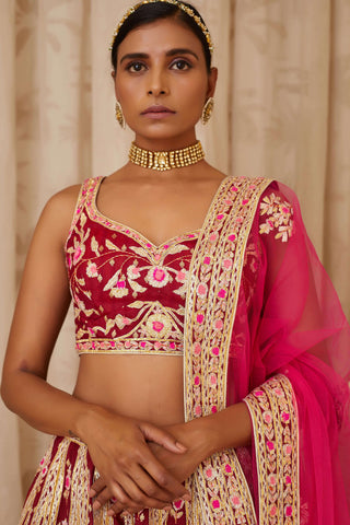 Shyam Narayan Prasad-Red Brocade Lehenga Set-INDIASPOPUP.COM