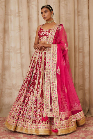 Shyam Narayan Prasad-Red Brocade Lehenga Set-INDIASPOPUP.COM