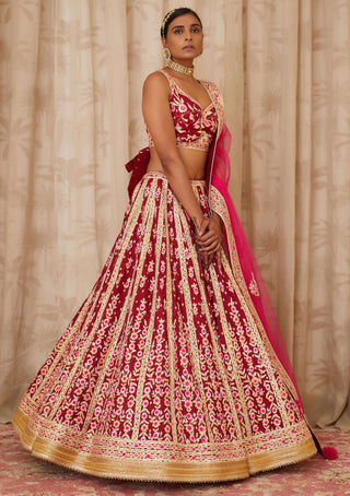 Shyam Narayan Prasad-Red Brocade Lehenga Set-INDIASPOPUP.COM