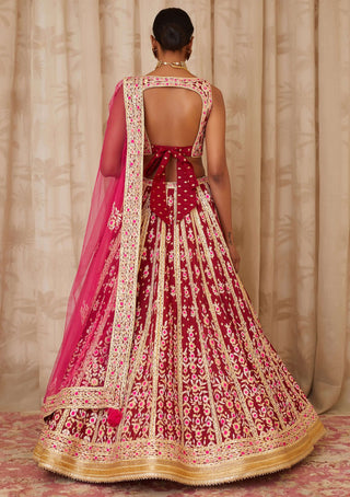 Shyam Narayan Prasad-Red Brocade Lehenga Set-INDIASPOPUP.COM