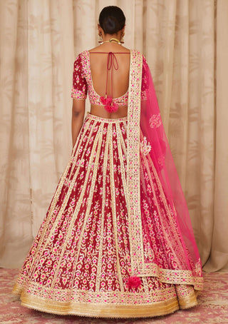 Shyam Narayan Prasad-Red Embroidered Brocade Lehenga Set-INDIASPOPUP.COM